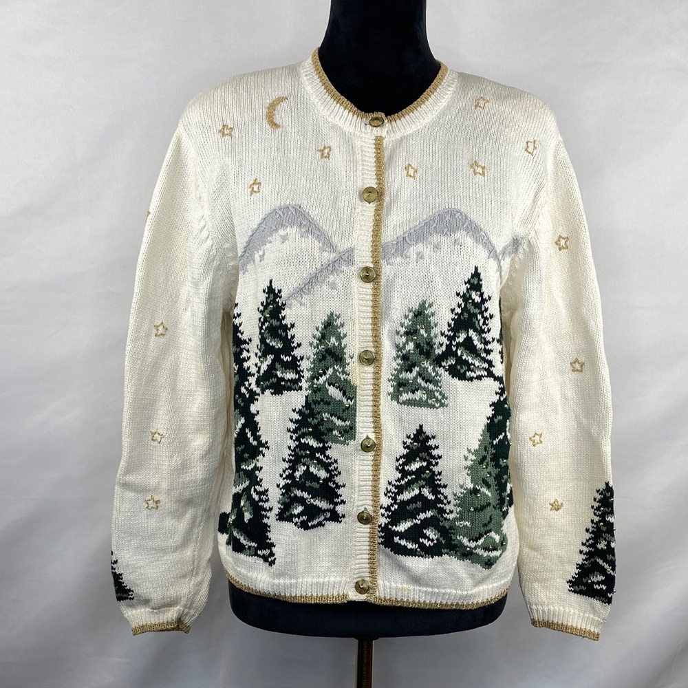 Vintage Christopher & Banks Beaded Embroidered Knit Christmas Sweater Cardigan